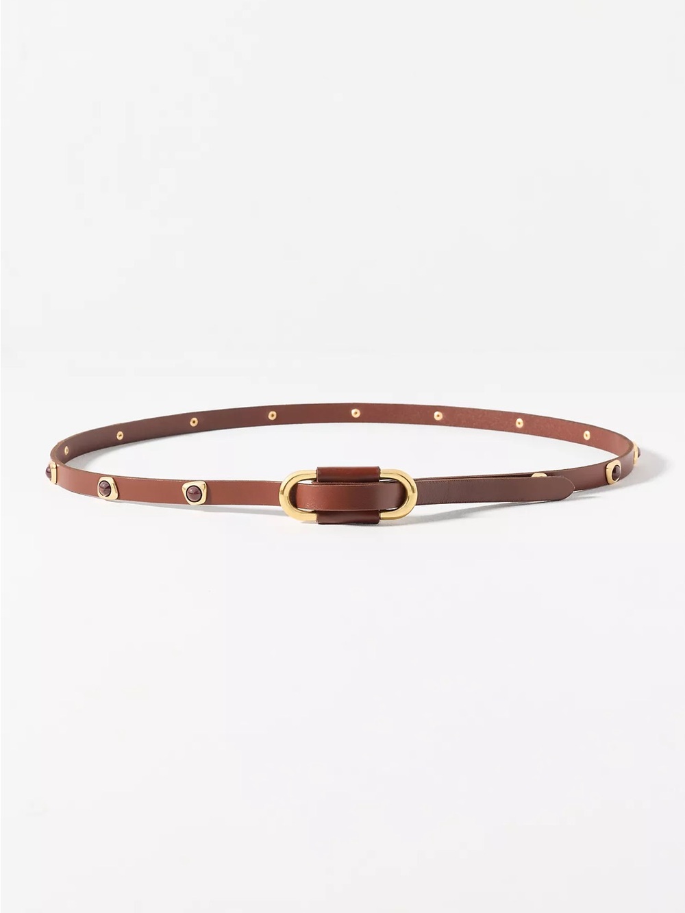 Anthropologie Genuine Leather Brown Blake Studded Slim Belt with Gold Buckle